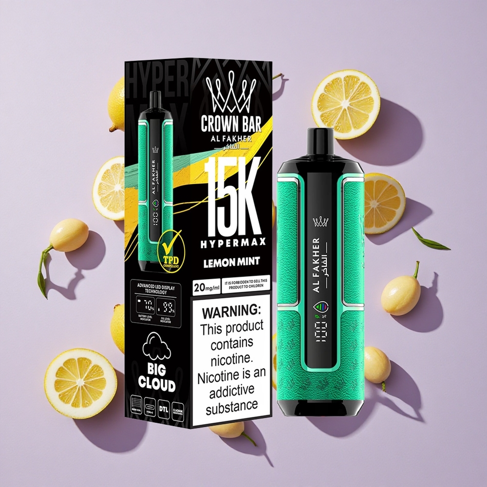 Citrom Menta Al Fakher Crown Bar 15K Hypermax Eldobható E-cigaretta Készlet 15 000 Elszenvedés, 22ml E-likvid, 600mAh Akkumulátor