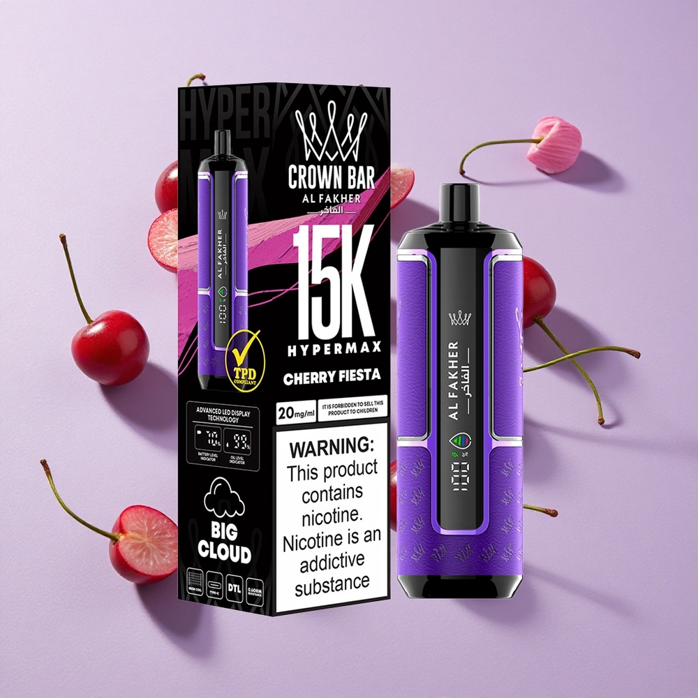 Cseresznye Ünnep Al Fakher Crown Bar 15K Hypermax Eldobható Vape Készlet 15 000 Löket, 22ml E-Liquid Tartály, 600mAh Akkumulátor