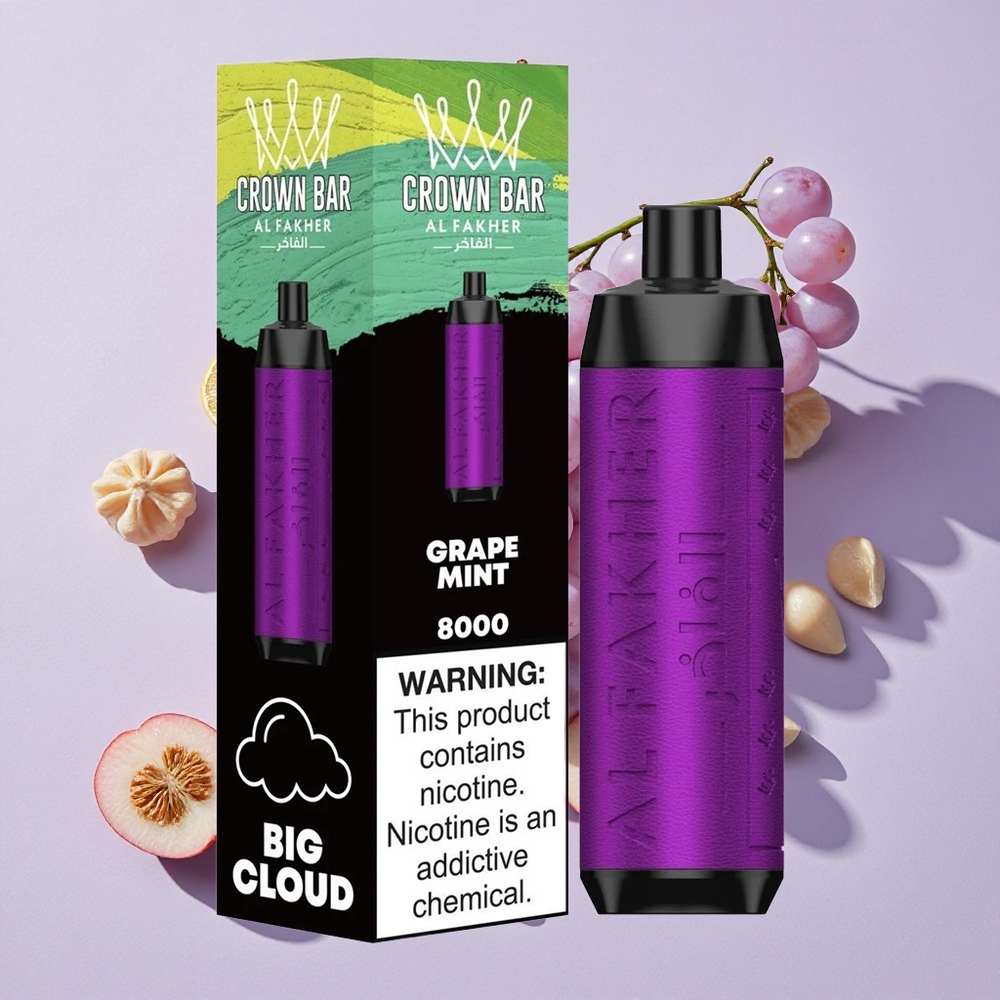Szőlő Menta Al Fakher Crown Bar 8000 Crystal Eldobható E-cigaretta 8000 Slukk USB Type-C Töltéssel és 18ml E-lévyel