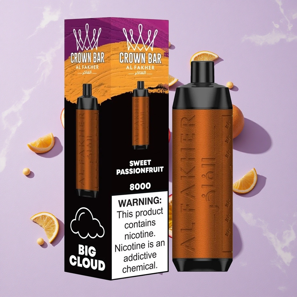Édes Passiógyümölcs Al Fakher Crown Bar 8000 Crystal eldobható e-cigaretta 18ml e-lé kapacitás és 600mA órafelismerés