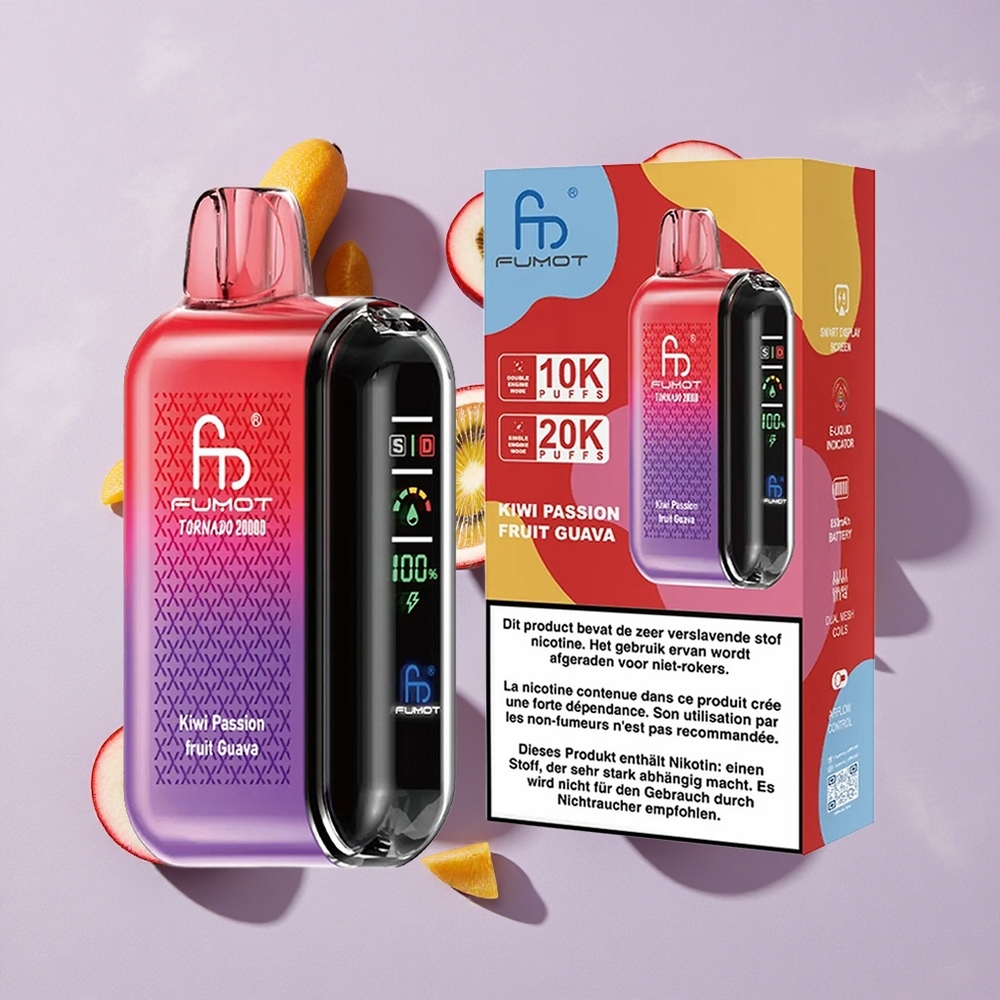 Kivi Passiógyümölcs Guava Fumot Tornado 20000 Puffs 20ml E-liquid Kapacitás 850mAh Felhasználható Akkumulátor
