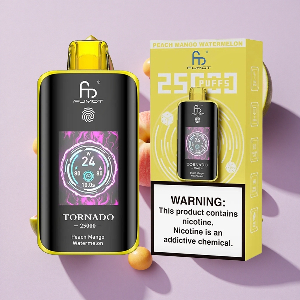 Barack Mango Görögdinnye Fumot Tornado 25000 Puffs eldobható e-cigaretta, 700mAh feltölthető akkumulátor, 20ml előre töltött e-likvid