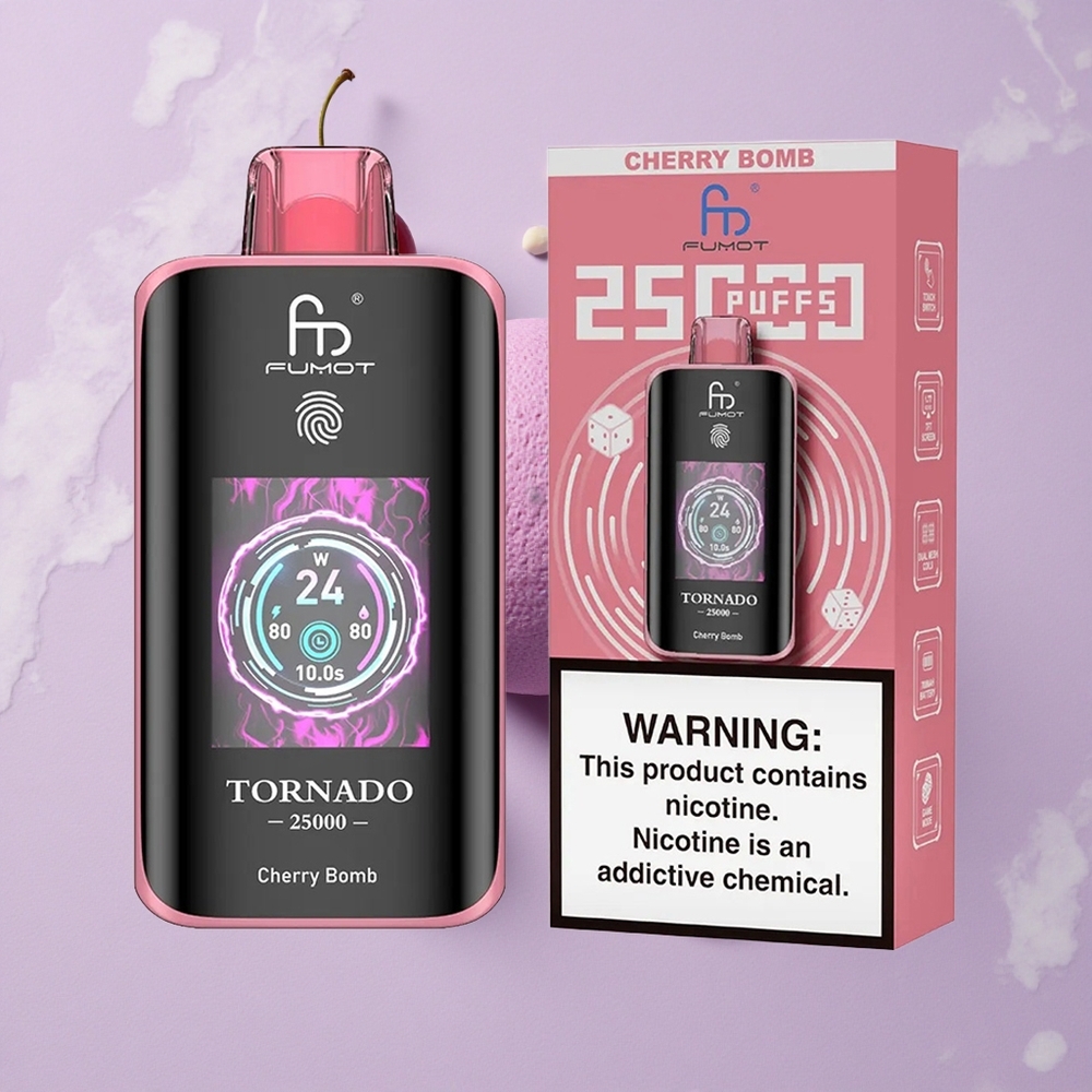Cseresznye Bomba Fumot Tornado 25000 Puffs eldobható e-cigaretta HD Képernyő és 700mAh feltölthető akkumulátor