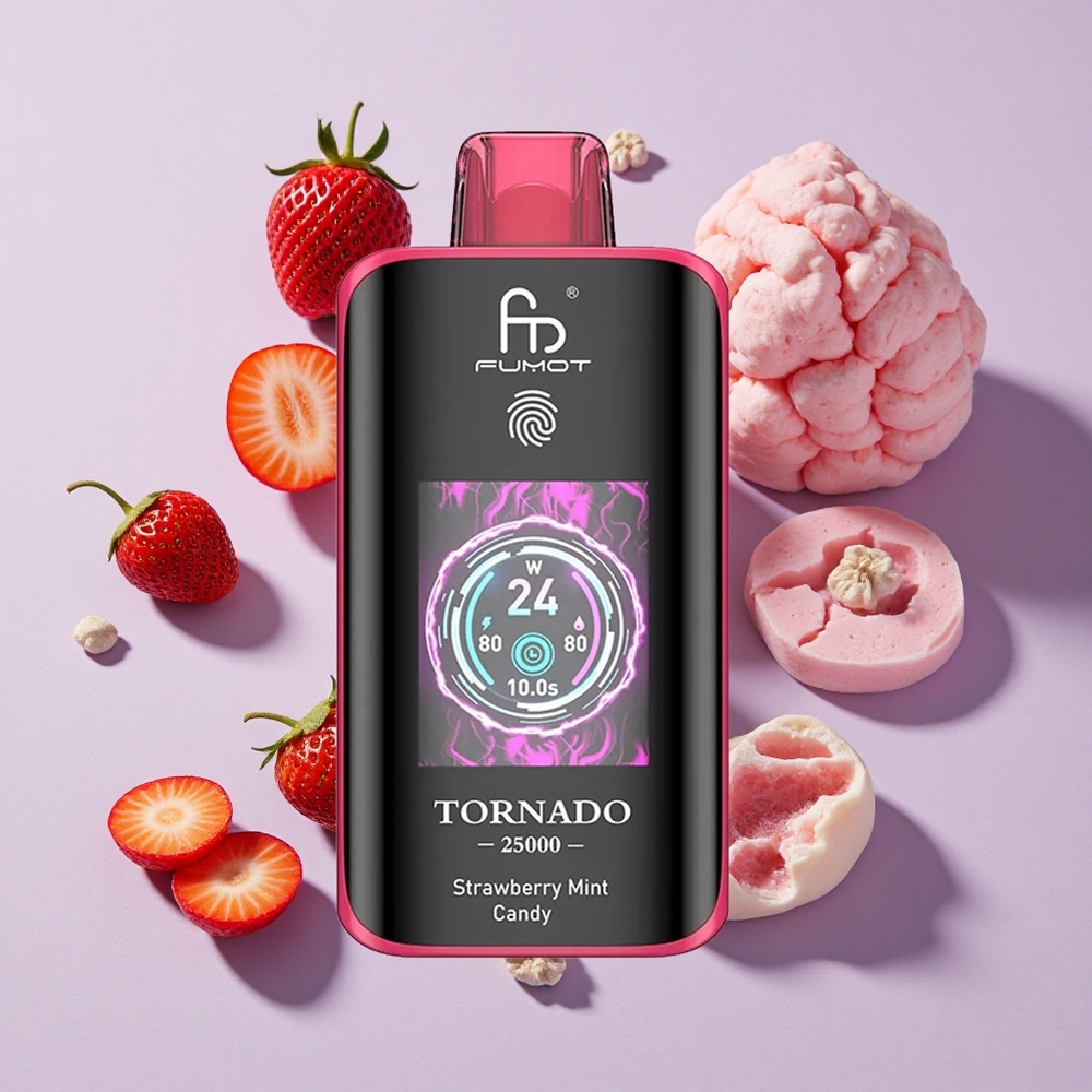 Eper Menta Cukorka Fumot Tornado 25000 Puffs HD Kijelző és 700mAh Tölthető Akkumulátor