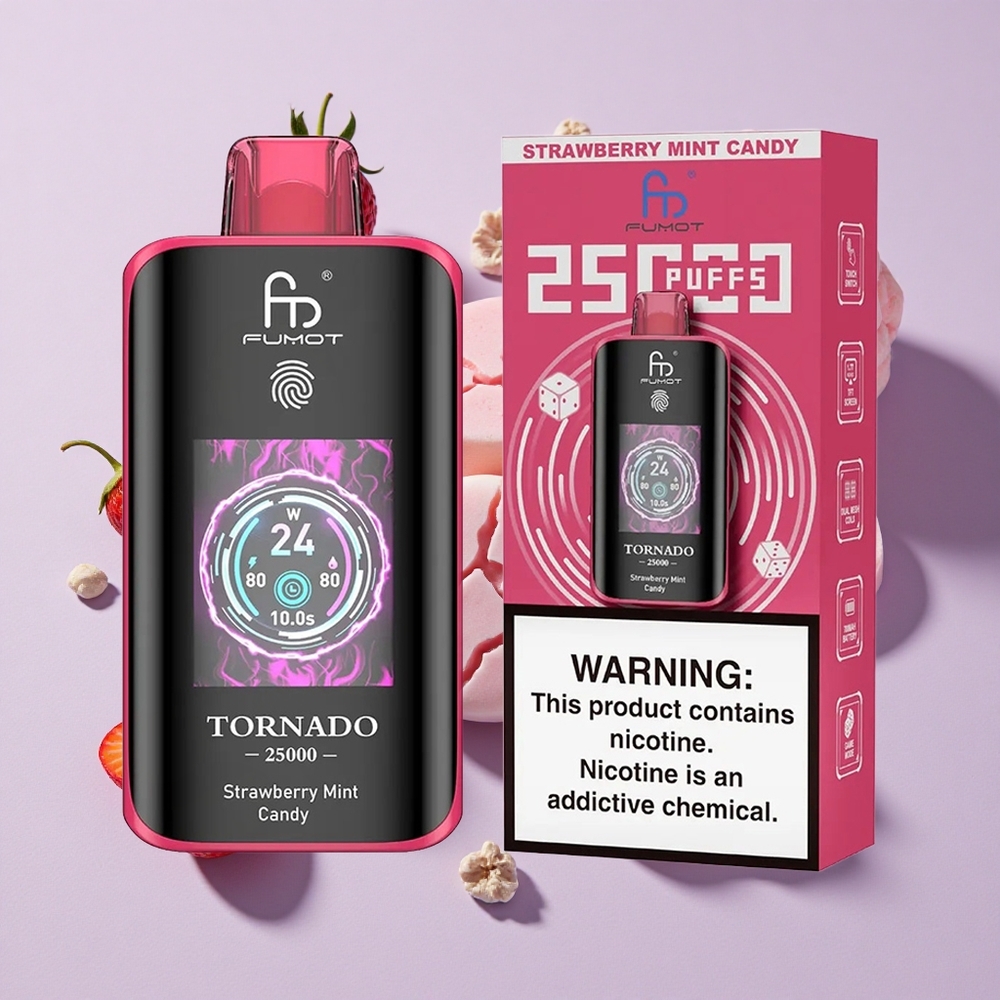 Eper Menta Cukorka Fumot Tornado 25000 Puffs HD Kijelző és 700mAh Tölthető Akkumulátor