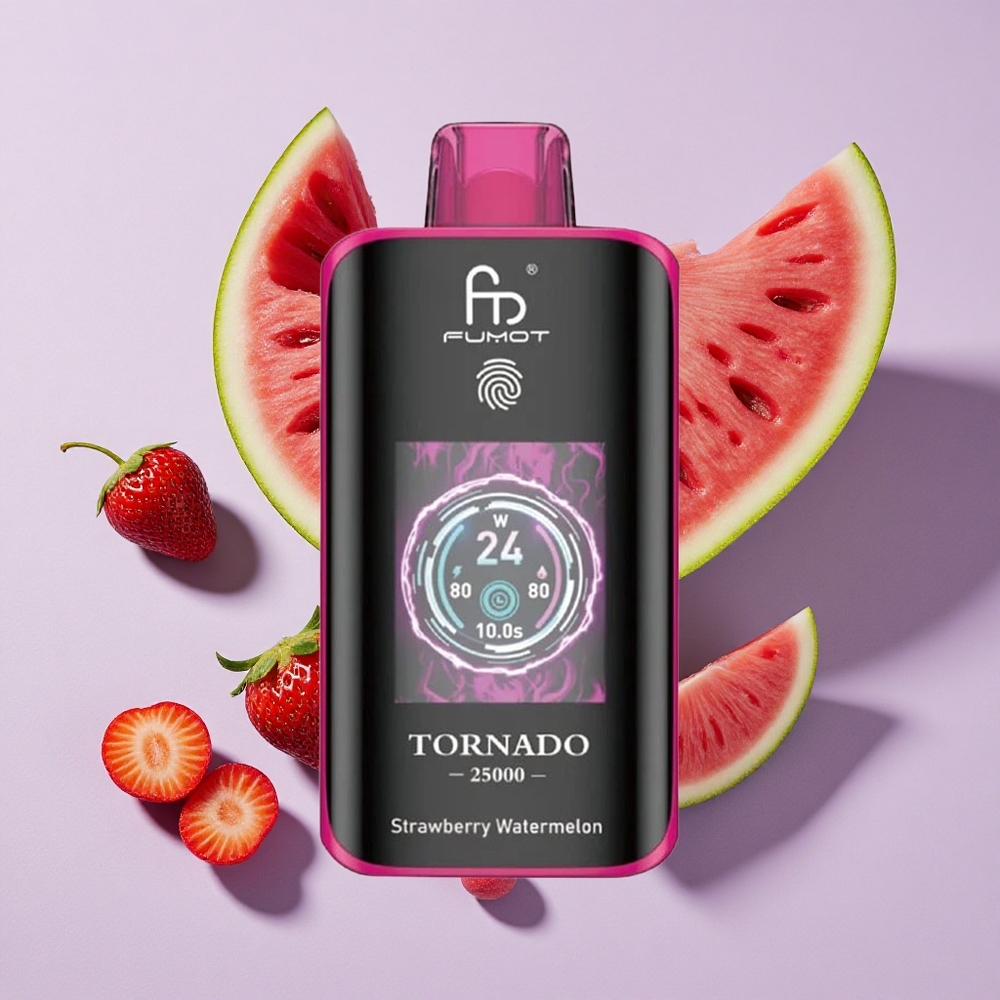 Eper görögdinnye Fumot Tornado 25000 Puffs eldobható e-cigaretta 700mAh tölthető akkumulátor 20ml előre töltött e-liquid
