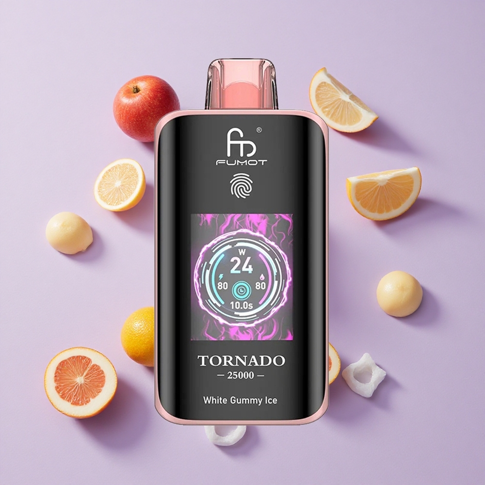 Fehér Gumicukor Jég Fumot Tornado 25000 Puffs eldobható e-cigaretta 700mAh feltölthető akkumulátor 20ml előre feltöltött e-liquid