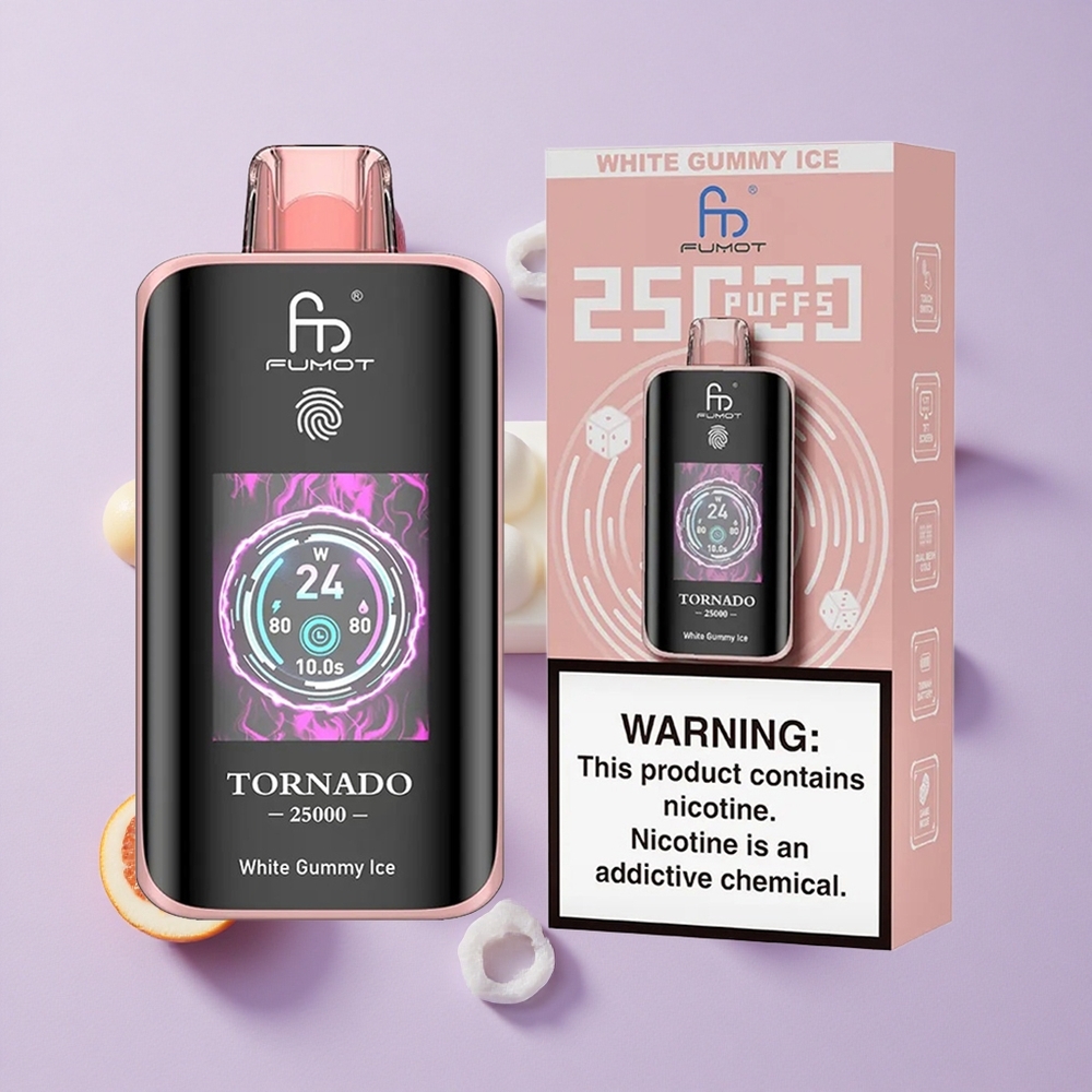 Fehér Gumicukor Jég Fumot Tornado 25000 Puffs eldobható e-cigaretta 700mAh feltölthető akkumulátor 20ml előre feltöltött e-liquid