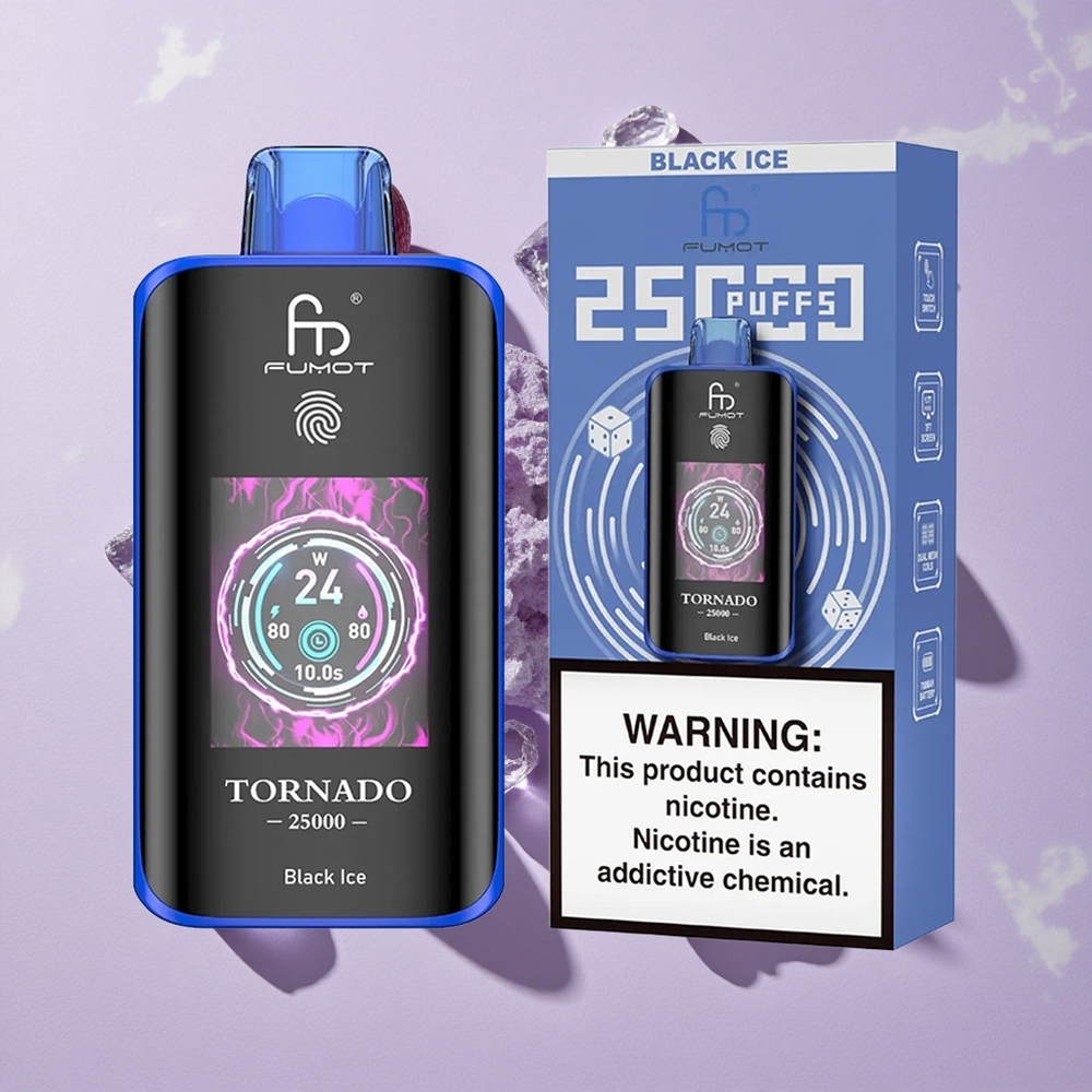 Fekete Jég Fumot Tornado 25000 Puffs eldobható e-cigaretta, 20ml előre töltött e-liquid, 700mAh feltölthető akkumulátor