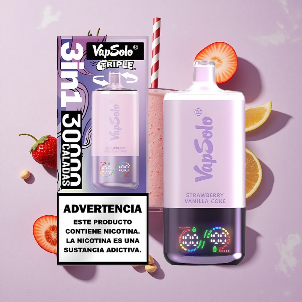 Eper Vanília Kóla VapSolo Triple 30000 Puffs elszívható e-cigaretta, 40ml e-liquide, 20 mg/ml vagy 50 mg/ml nikotin