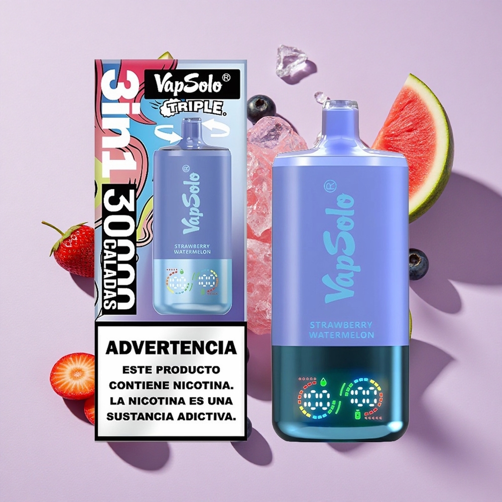 Eper görögdinnye & áfonya jég VapSolo Triple 30000 Puffs teljesítmény: 30000 Puffs E-liquid: 40ml