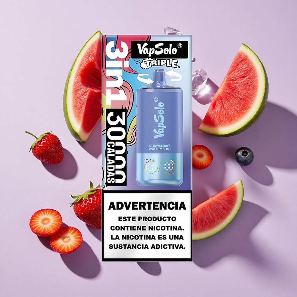 Eper görögdinnye & áfonya jég VapSolo Triple 30000 Puffs teljesítmény: 30000 Puffs E-liquid: 40ml