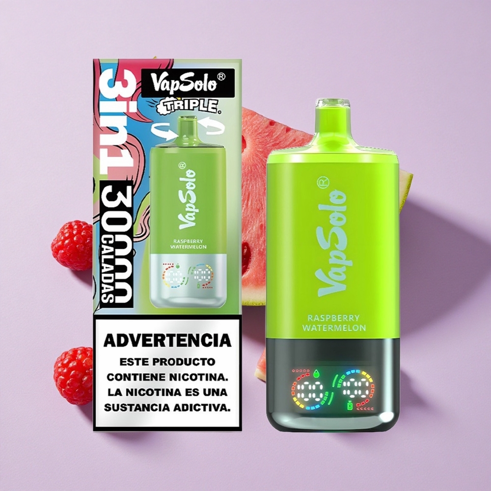 Málna Görögdinnye Vapsolo Triple 30000 Puffs Elszívható E-cigaretta 40ml E-liquide, 3 Olajtartály