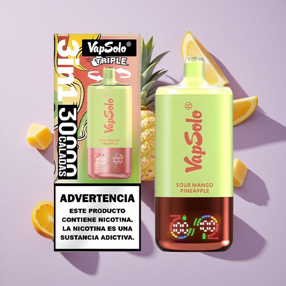 Savanyú Manga-Ananász VapSolo Triple 30000 Puffs eldobható e-cigaretta, 40ml e-liquid, 3 olajtartály