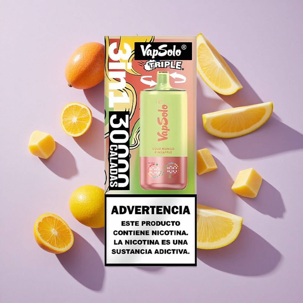 Savanyú Manga-Ananász VapSolo Triple 30000 Puffs eldobható e-cigaretta, 40ml e-liquid, 3 olajtartály